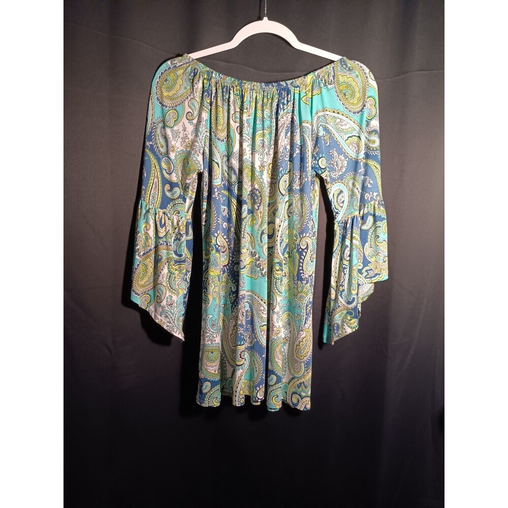 Boho Paisley Off Shoulder Top Medium Blue Green Flare Sleeve Peasant Blouse USA